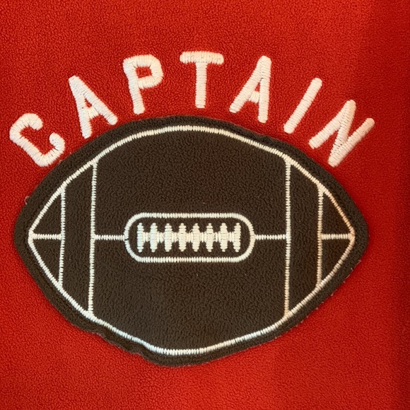 Place FOOTBALL CAPTAIN Orange size Small 6 graphic fleece pullover crew neck EUC - Picture 2 of 5